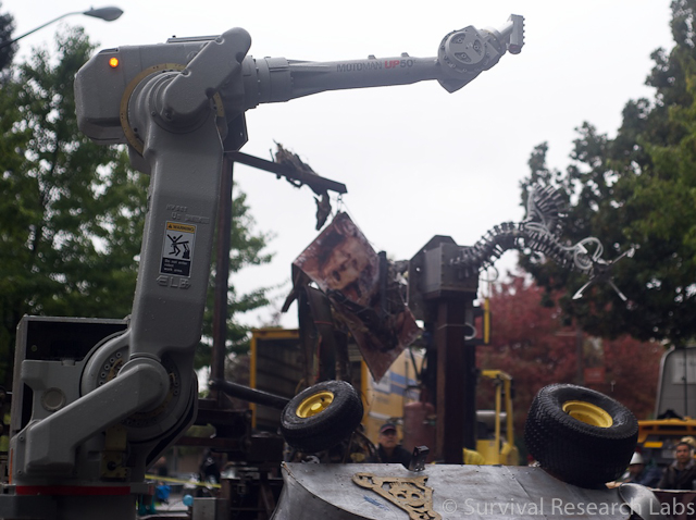 Motoman and Spine Robot over capsized Blender Bot and Dual Mules